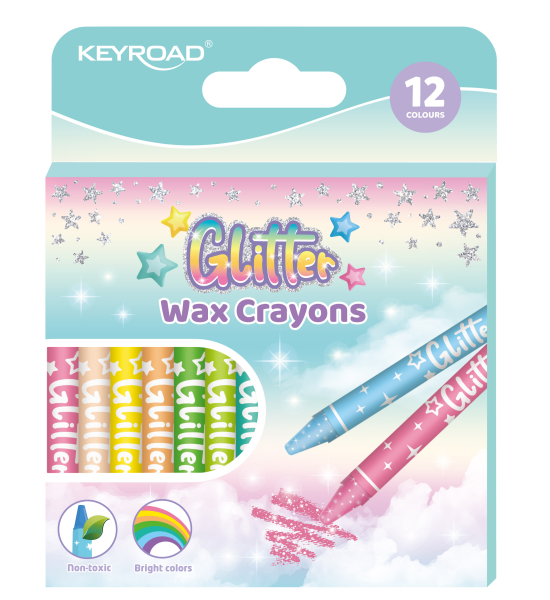 Crayones de Cera, Pastel Glitter, 8 mm x 90 mm, Caja x 12 Colores